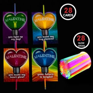 Neon Valentines Day Cards With 28 Glow Sticks, 28 Pcs