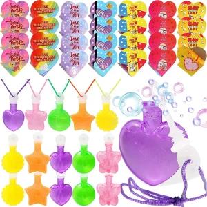 28Pcs Bubble Wand Necklaces with Valentines Heart Boxes and Valentines Day Cards