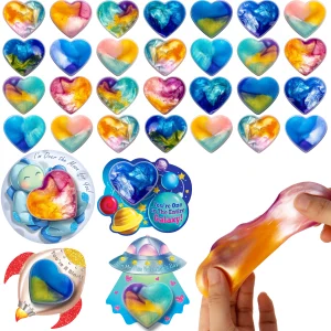 28Pcs Heart Shaped Galaxy Slime with Valentines Day Cards for Kids-Classroom Exchange Gifts