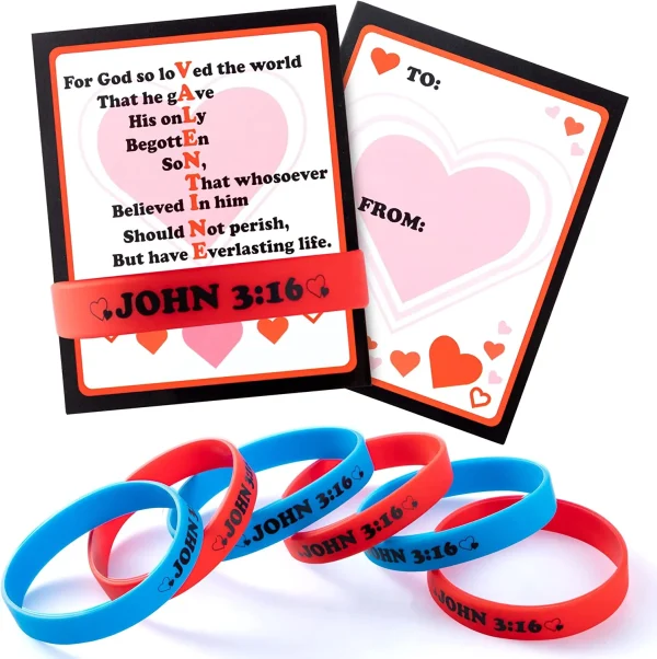 56Pcs John 3:16 Rubber Bracelet with Valentines Day Cards for Kids