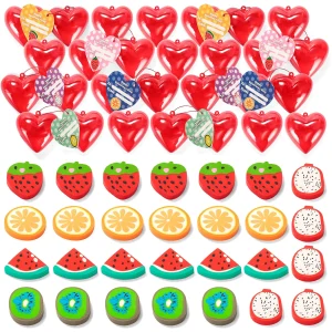 28Pcs Valentines Fruit Eraser Filled Hearts Set with with Valentines Day Cards for Kids-Classroom Exchange Gifts