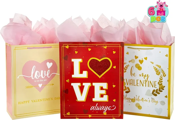 6Pcs Valentines Day Gift Bags with Tissue Papers