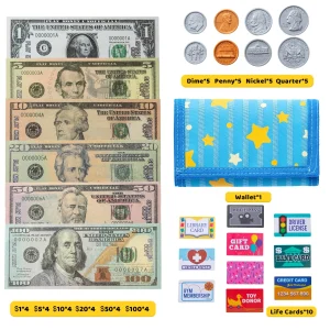 55Pcs Wallet with Play Money and Cards