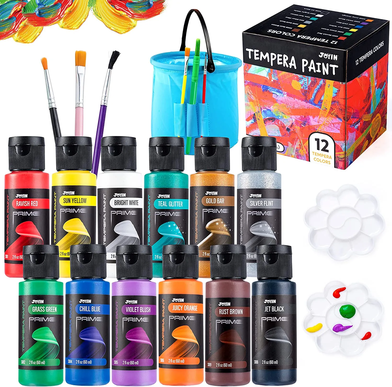 12pcs Washable Kids Tempera Paint Set 2 oz Each, Liquid Poster Paint with 6 Brushes, 2 Palette & 1 Paint Brush Clean Bucket, Non-Toxic Kids Paint