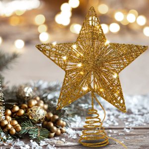 Christmas Tree Toppers, Glitter Gold Star Tree Topper Lighted with Warm White LED