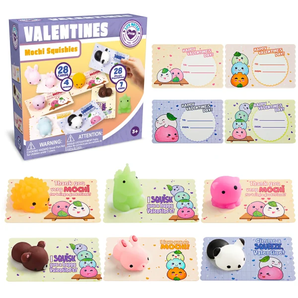 28Pcs Mochi Squishy Toys with Kids Valentines Cards for Classroom Exchange Gifts
