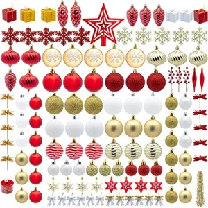 130pcs Red White and Gold Christmas Ornaments