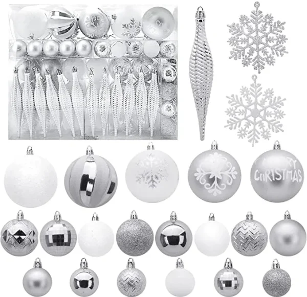 133pcs White and Silver Christmas Tree Ornaments