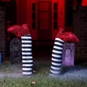 2Pcs Witch Legs with Stakes (Red Shoes & Black and White Stripe)