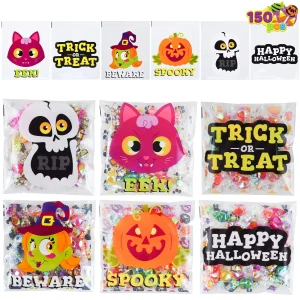 150 Pcs Halloween Square Double Sided Cellophane Candy Treat Bag