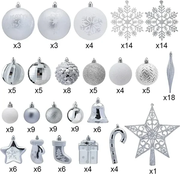 157pcs White and Silver Christmas Tree Ornaments