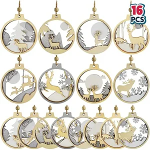 16pcs Wooden Reindeer Christmas Ornaments