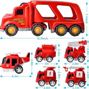 Fire Rescuer Diecast Vehicles within Carrier Truck, 6 Pcs