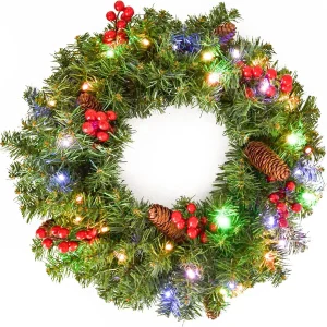 Christmas Holiday Wreath with Multicolored Lights 20in