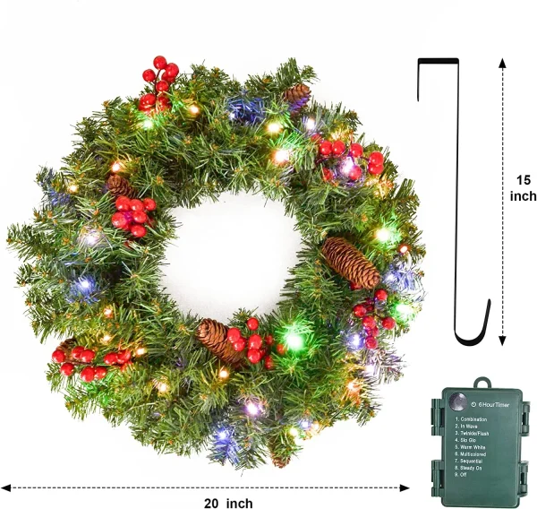 Christmas Wreath with Multicolored Lights 20in