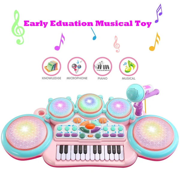 24-Key Large Pink Keyboard Piano Toy with Drum