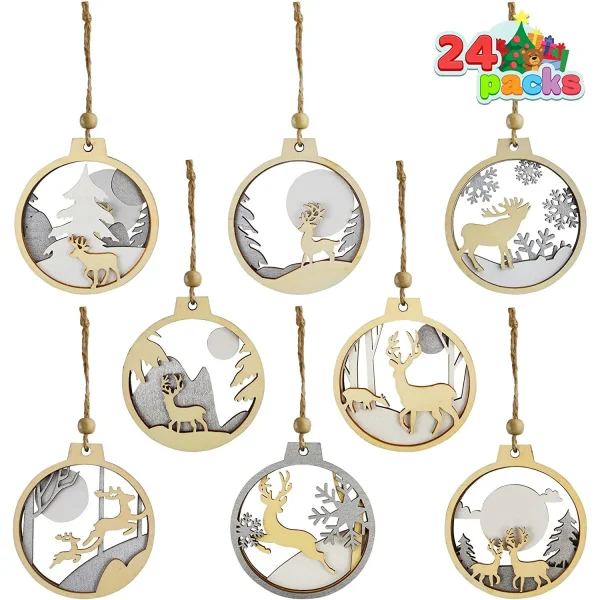 24pcs Christmas Wooden Reindeer Ornaments