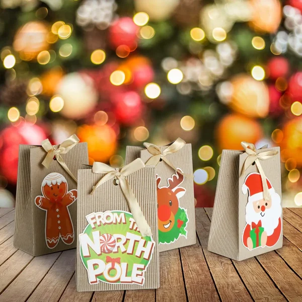 24pcs Christmas Kraft Paper Gift Bags With Silk Ribbon