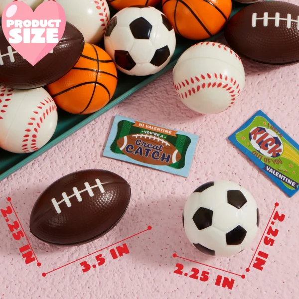 28Pcs Mini Sports Stress Balls with Kids Valentines Cards for Classroom Exchange