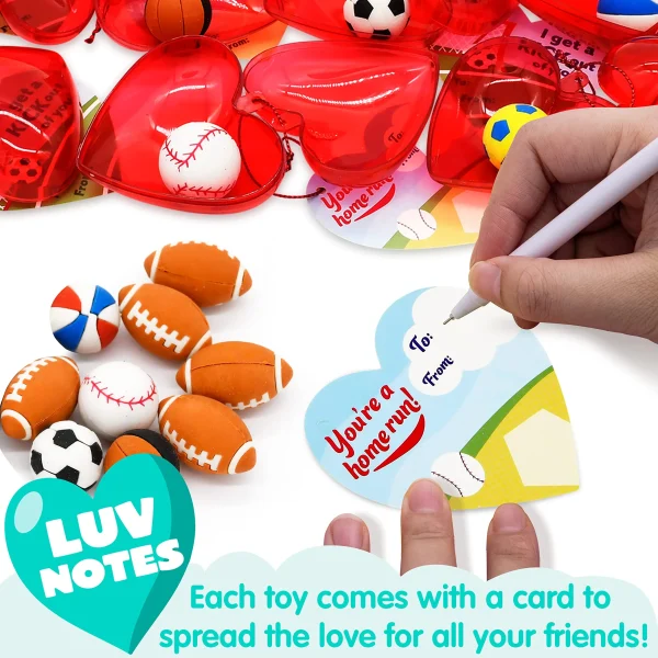 28Pcs Sports Balls Eraser Filled Hearts Set with Valentines Day Cards for Kids-Classroom Exchange Gifts