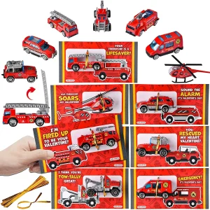 28Pcs Kids Valentines Cards with Die-cast Fire Rescue Vehicle-Classroom Exchange Gifts