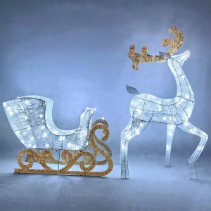 2Pcs Cotton Christmas Reindeers Sleigh White Yard Lights