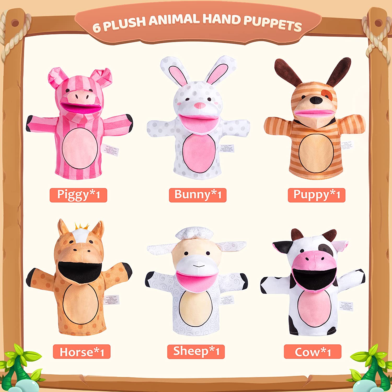 Farm Animal Hand Puppet Set,  6 Pcs