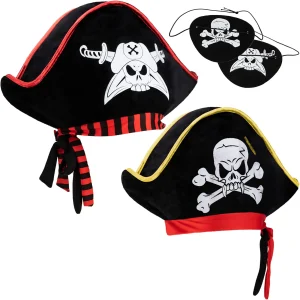 2pcs Skull Print Captain Pirate Hat Set