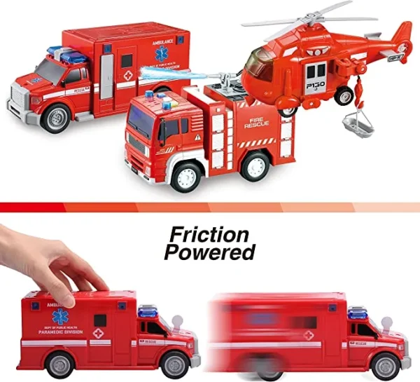 3pcs Fire Truck Rescue Car Set with Lights and Sounds