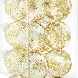 12pcs Gold Print Transparent Christmas Ball Ornaments 3.15in