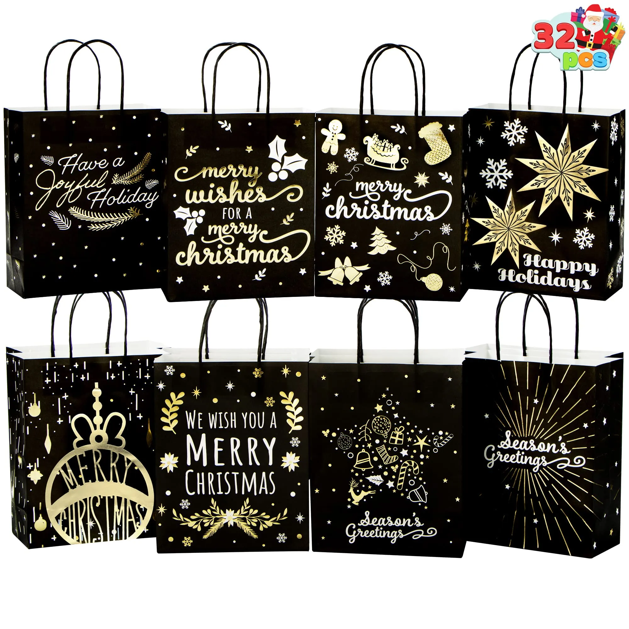 Black & White Gold Foil Christmas Paper Gift Bags, 32 Pcs