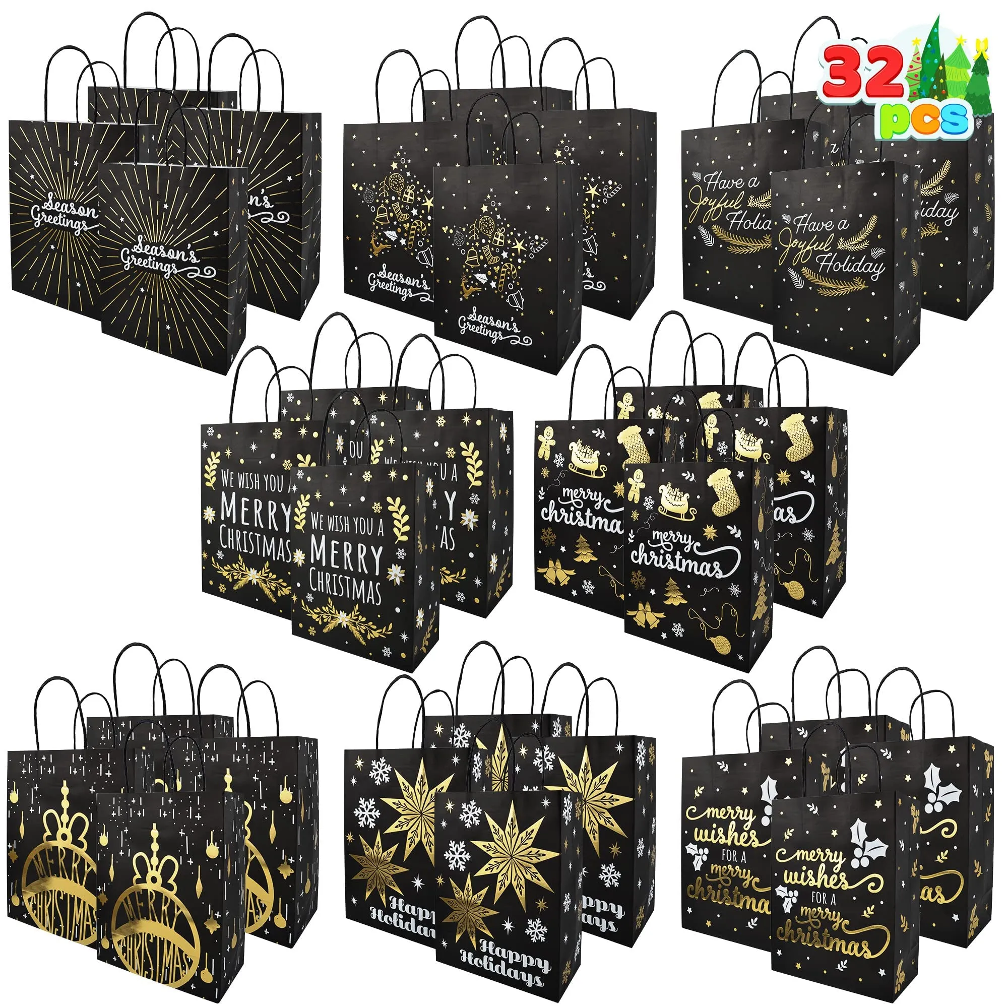 Black & White Gold Foil Christmas Paper Gift Bags, 32 Pcs