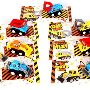 Valentines Party Gift Cards with Mini Construction Vehicle Toy Set, 28 Pcs