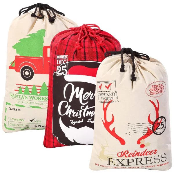 3pcs Burlap Christmas Santa Sack Gift Bags