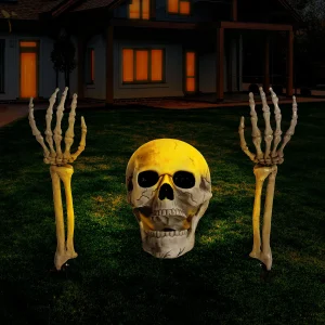 3Pcs Lighted Skull and Skeleton Arms Stakes (Warm Light)
