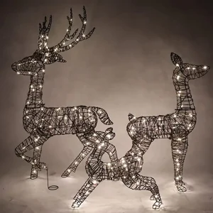 3Pcs Rattan Christmas Reindeer Buck, Doe, and Fawn Yard Lights