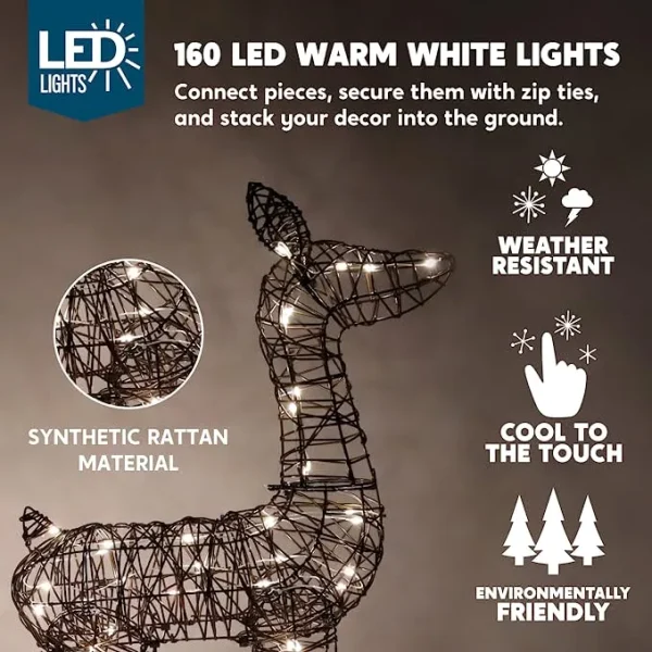 3pcs LED Warm White Rattan Christmas Reindeer