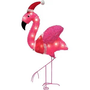 3ft Tinsel Flamingo with Christmas Hat Yard Lights