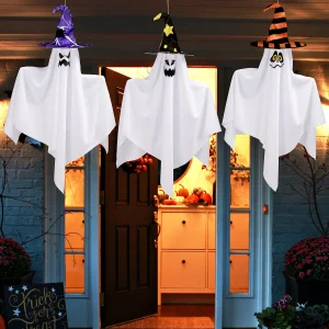 3pcs Hanging Ghost Decoration with Wizard Hat 27.5in