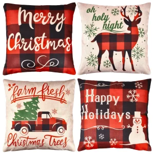 4Pcs Christmas Buffalo Plaid Pillow Covers Reindeer & Truck