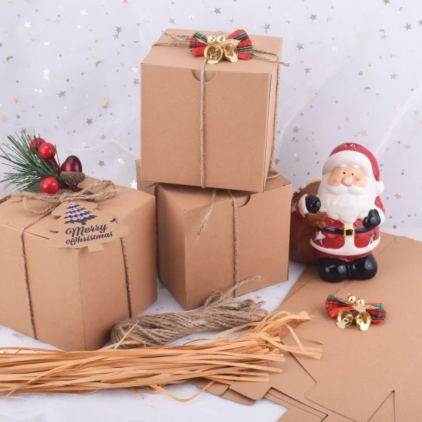 50pcs Brown Kraft Paper Gift Box with Lids and Grass Twines