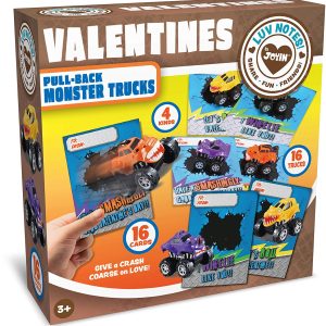 Valentine Gift Cards With Pull Back Monster Truck, 16pcs