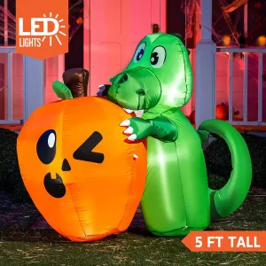 5ft Inflatable Dinosaur Biting Pumpkin Decoration
