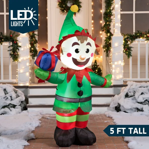 5ft Inflatable LED Elf with Present Decoration