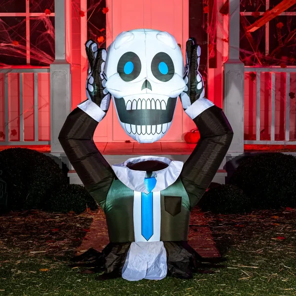5ft Inflatable LED Groundbreaker Skeleton Holding Head