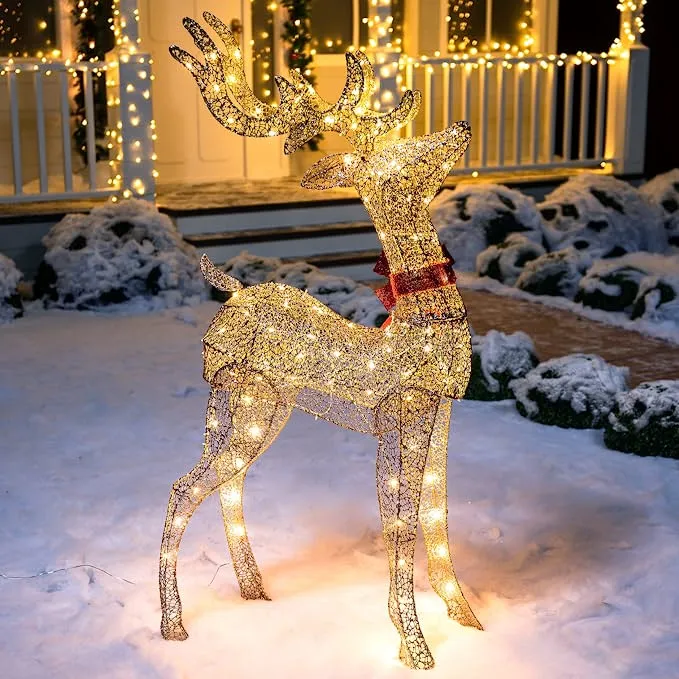 5ft Fabric Champagne Christmas Reindeer Buck 100 LED Yard Lights