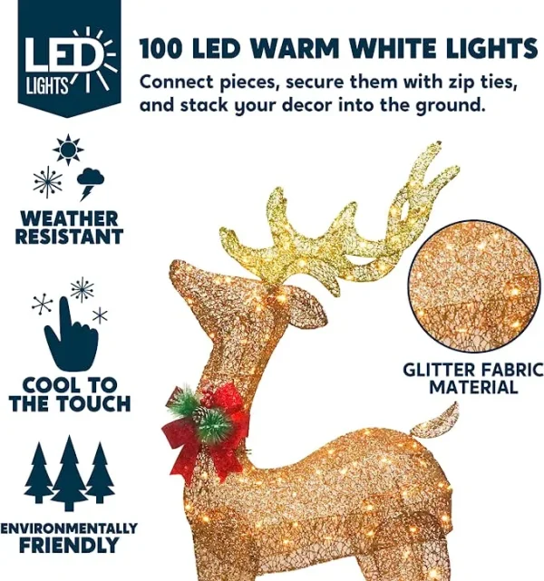 5ft 100 LED Fabric Champagne Buck Christmas Yard Lights