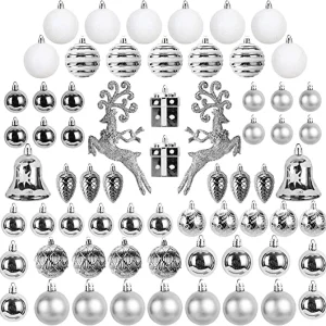 66pcs White And Silver Christmas Ornaments