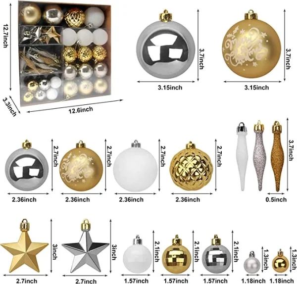 67pcs Gold White & Silver Assorted Christmas Ball Ornaments
