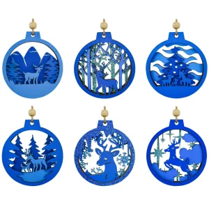 6pcs Reindeer Carved Blue Wooden Christmas Ornaments